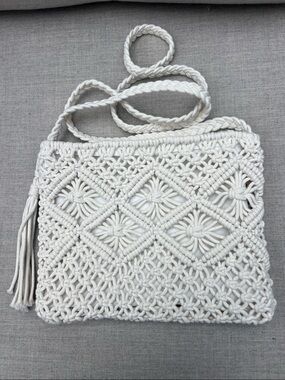 Boho White Macramé Crossbody Bag with Tassel Fringe on Zipper